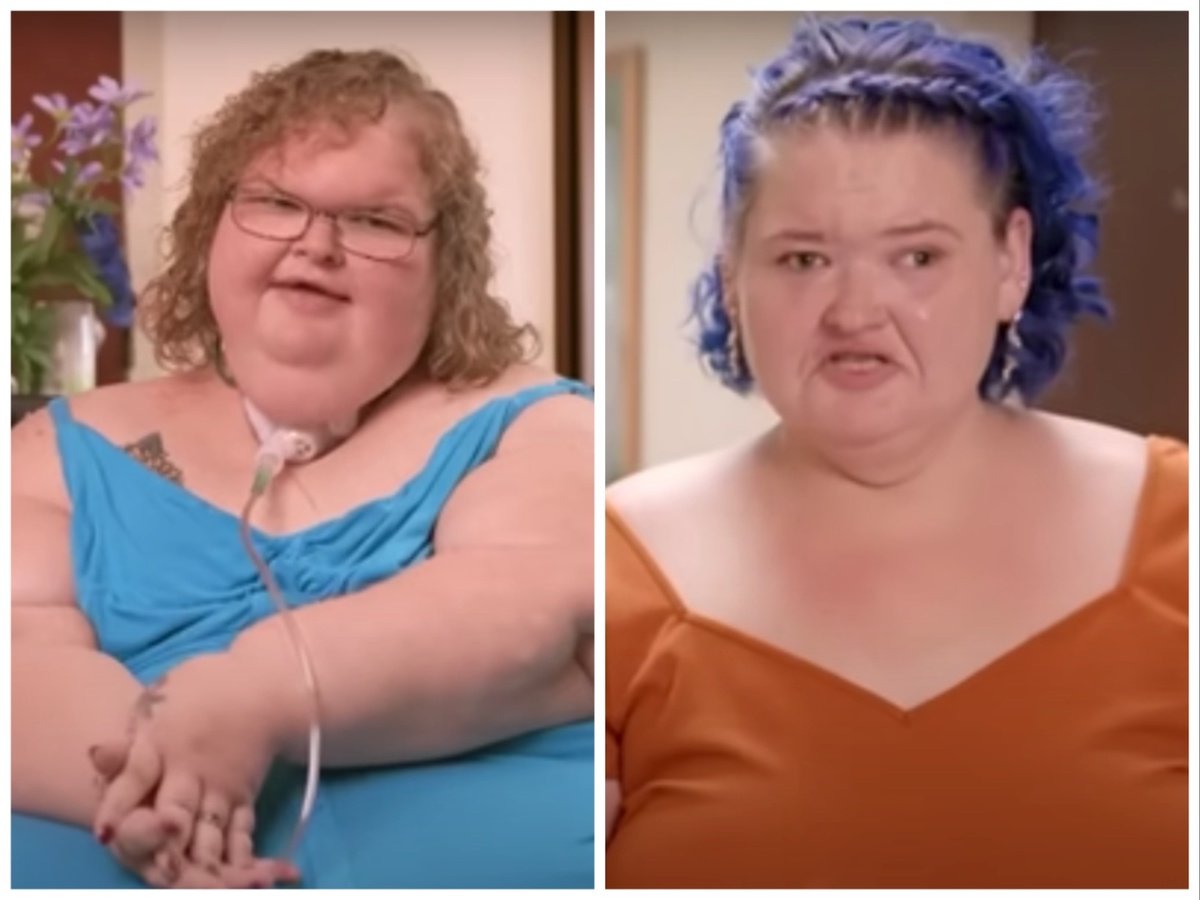 Side by side photos of Tammy Slaton and Amy Slaton (with purple hair) from TLC's '1000-lb Sisters'