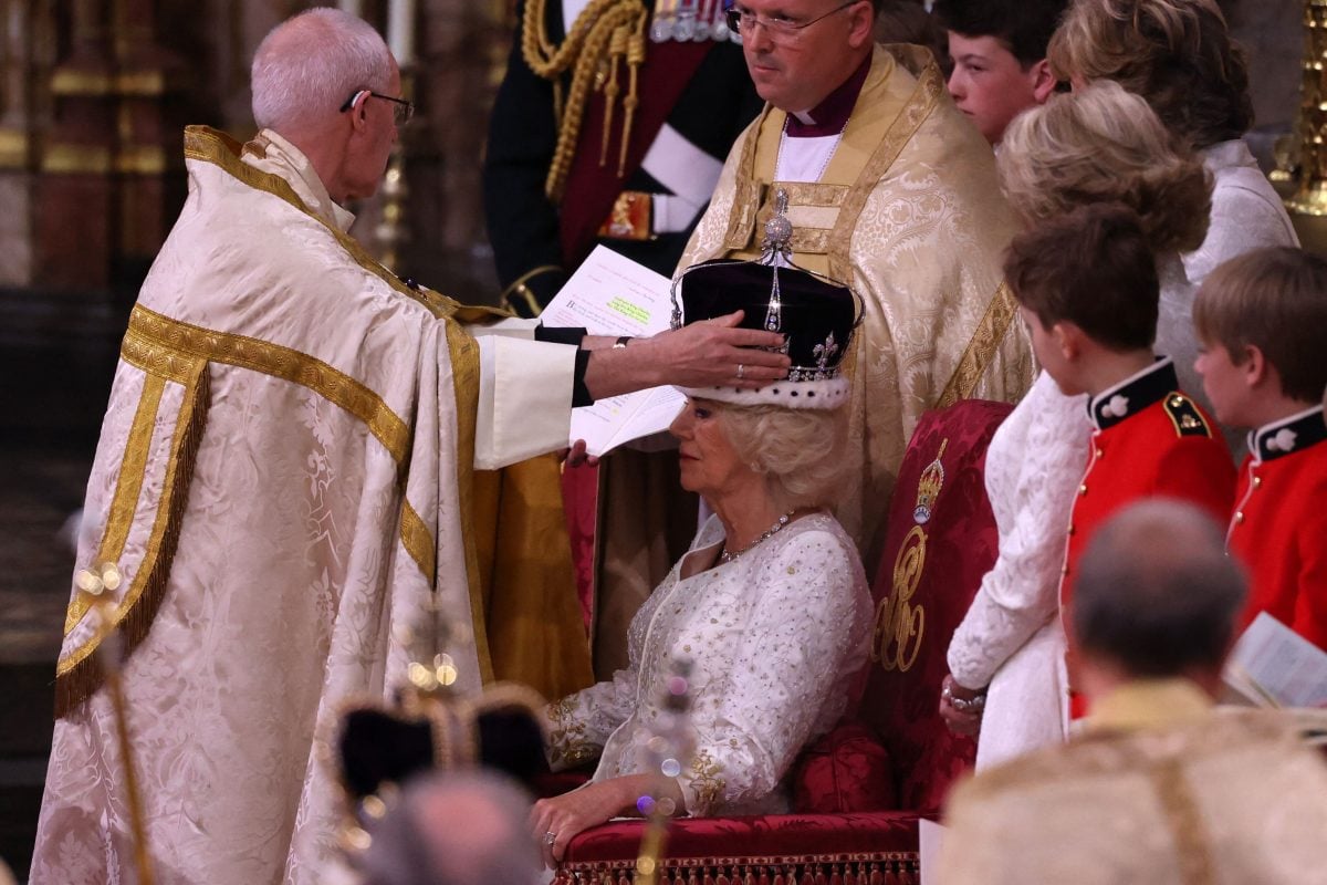 The Archbishop of Canterbury Justin Welby places a modified version of Queen Mary's Crown onto the head of Queen Camilla (formerly Camilla Parker Bowles)