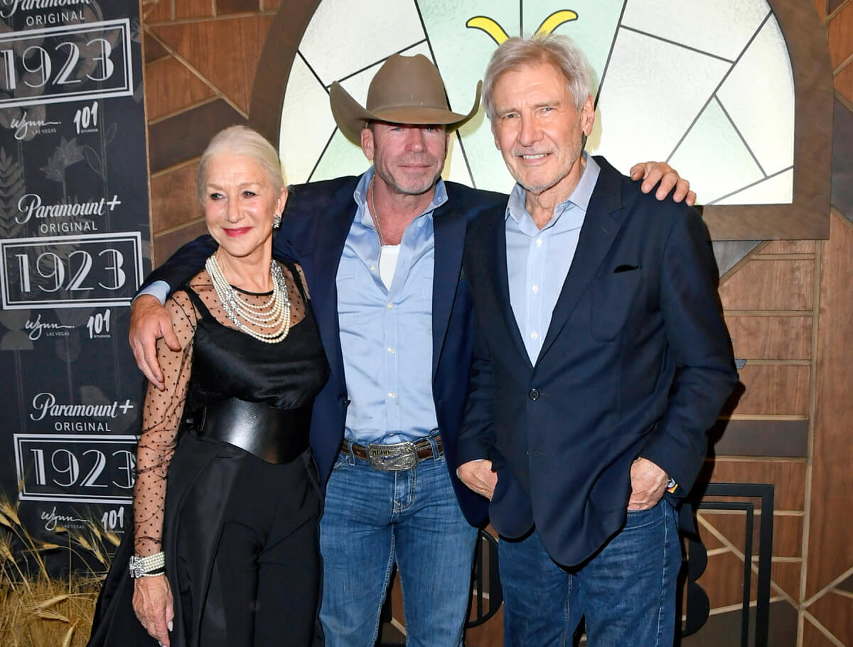 ‘Yellowstone’ creator Taylor Sheridan with ‘1923’ stars Helen Mirren and Harrison Ford