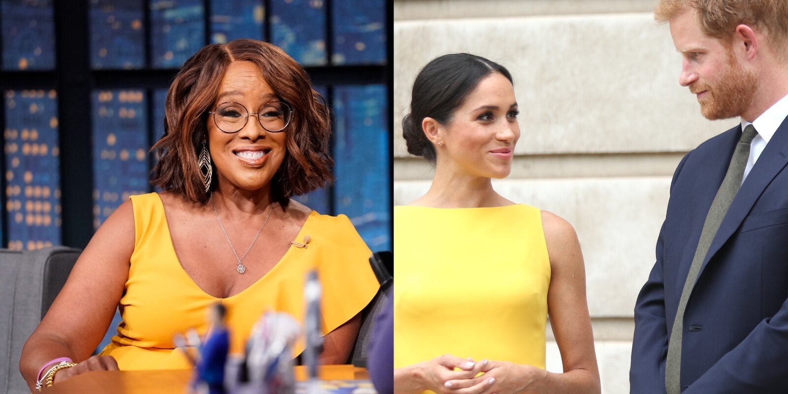 Gayle King in a side-by-side photograph with Meghan Markle and Prince Harry.