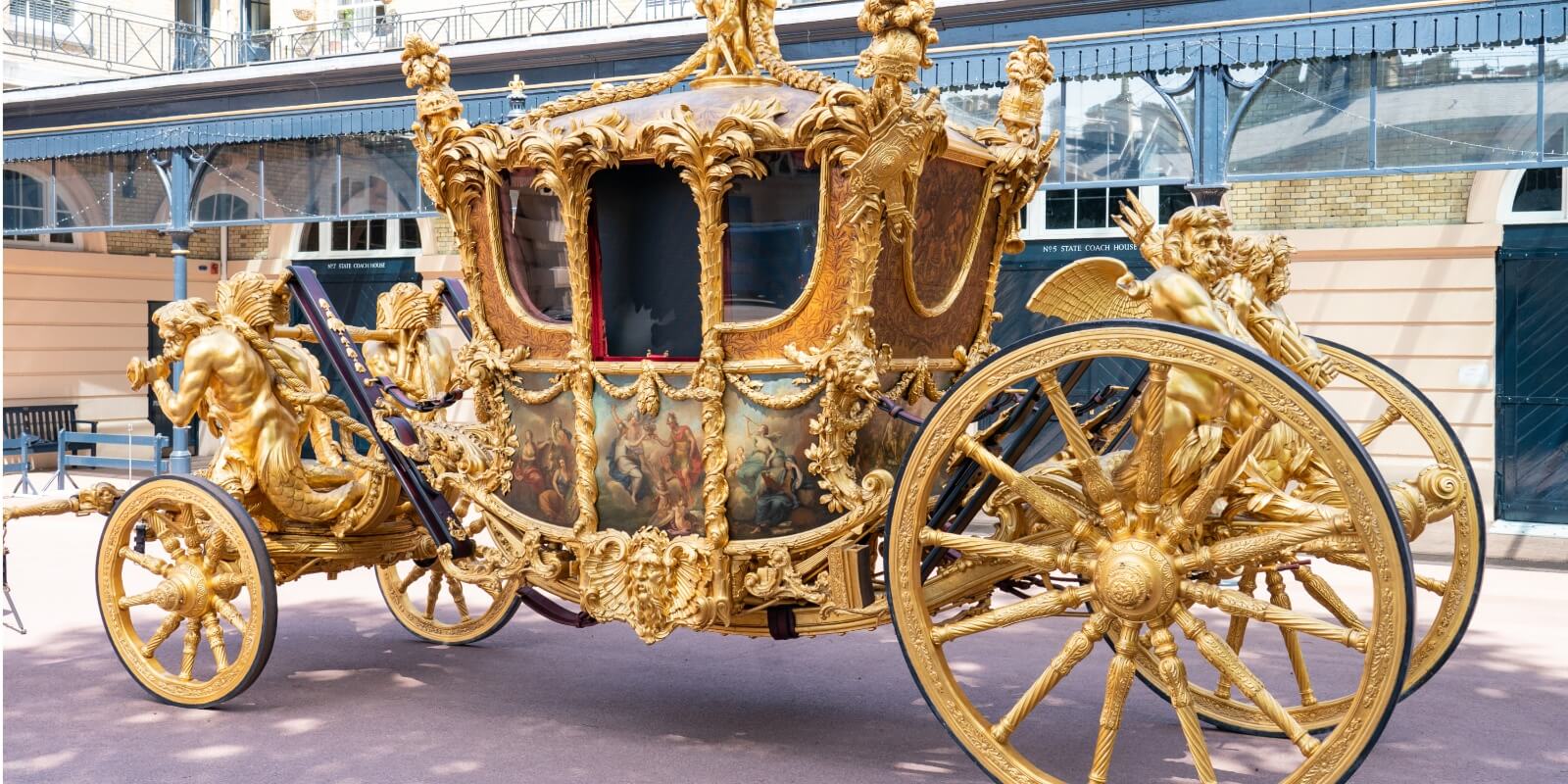A general view of the Gold State Coach, at the Royal Mews, Buckingham Palace on May 6, 2022 in London, England.