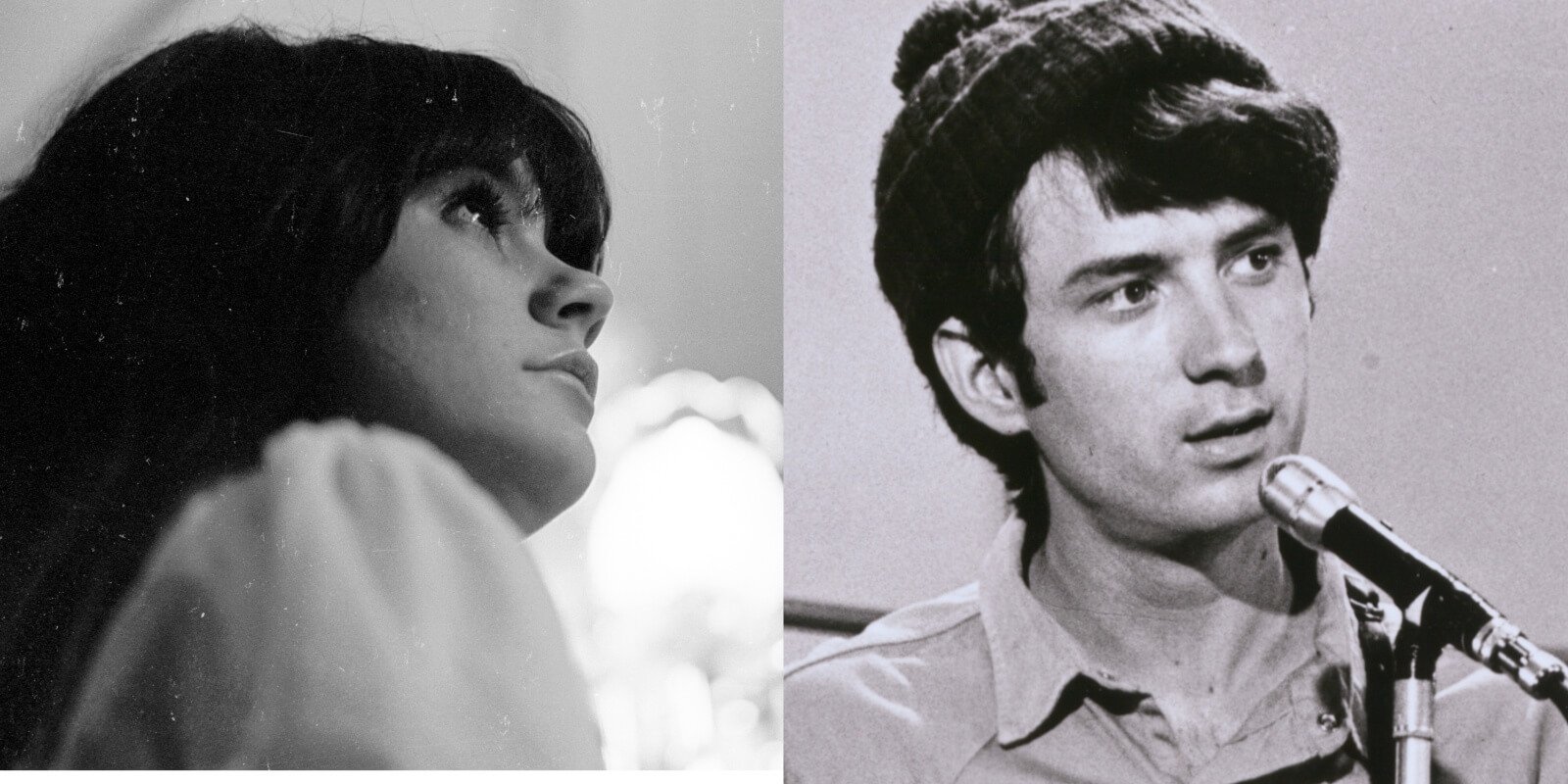 Linda Ronstadt and Mike Nesmith in side by side photographs.