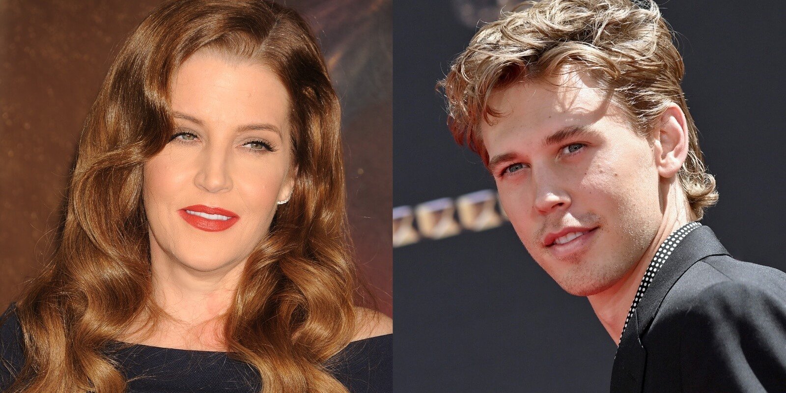 Lisa Marie Presley and Austin Butler in side by side photographs.
