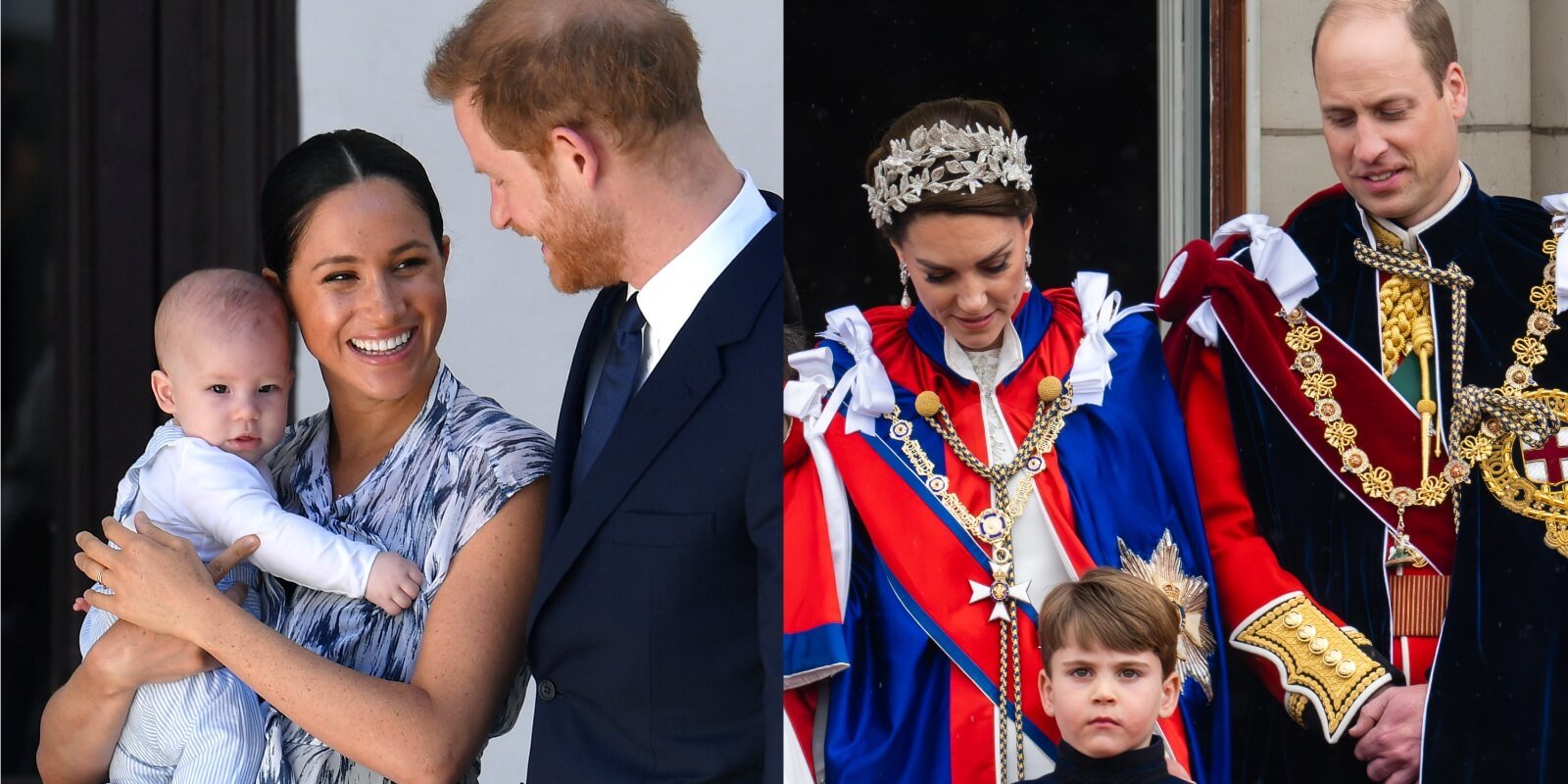 Meghan Markle, Prince Harry, Prince Archie, Kate Middleton, Prince Louis and Prince William in side by side photographs.