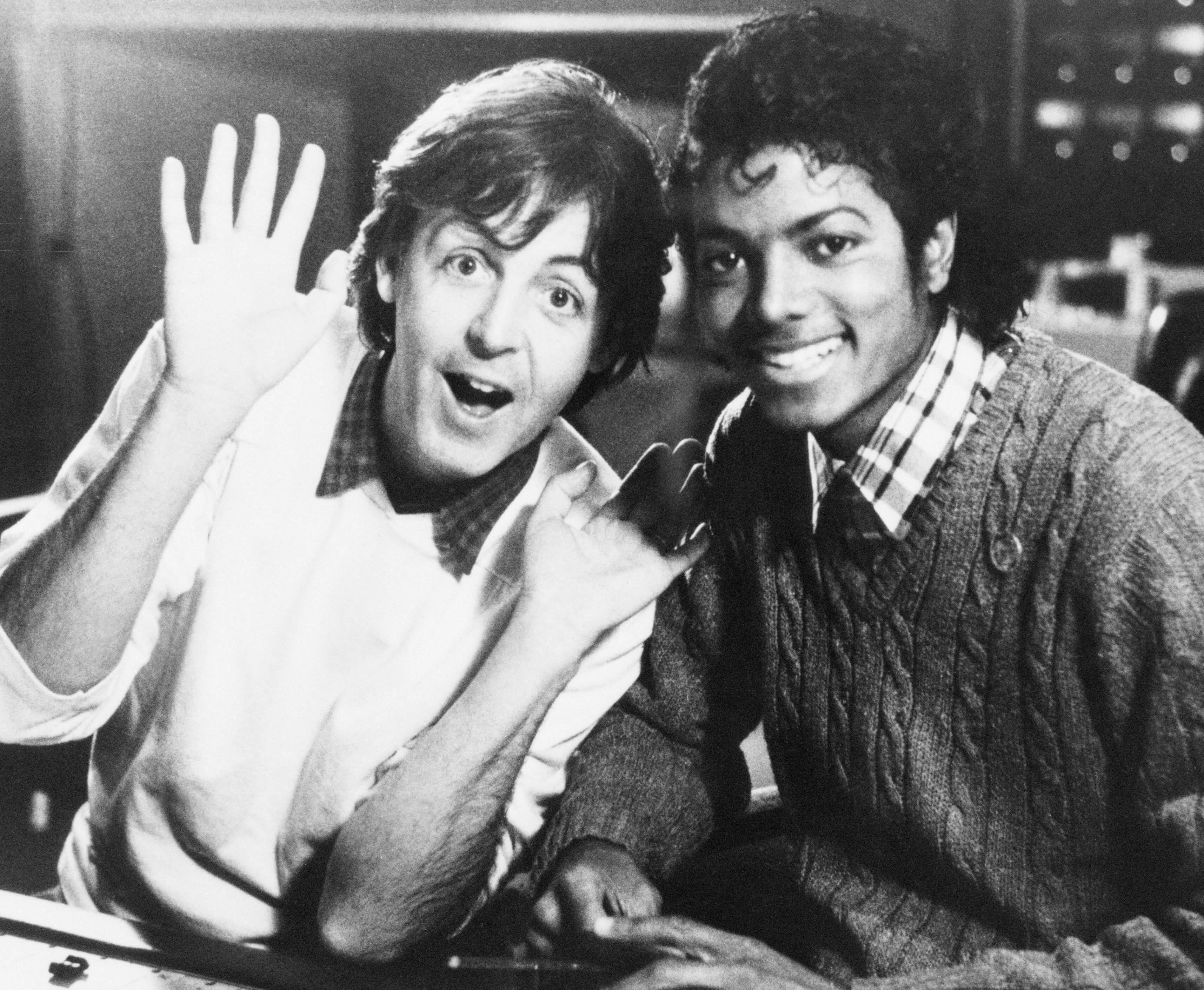 "The Girl Is Mine" singers Paul McCartney and Michael Jackson in black-and-white