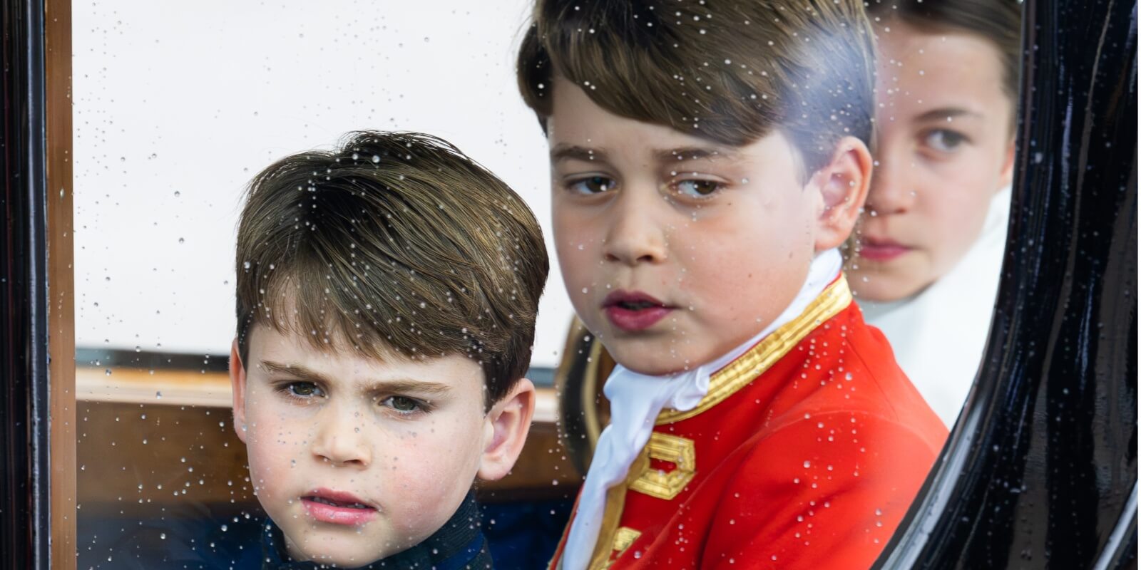 Prince Louis, Prince George and Princess Charlotte ride in a carriage to King Charles' coronation.