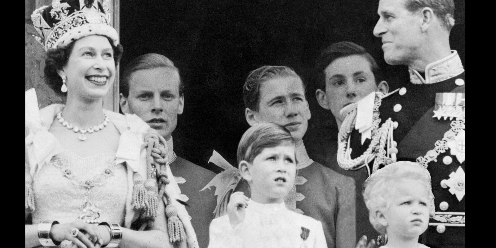 Queen Elizabeth, King Charles, Princess Anne and Prince Philip at Queen Elizabeth's 1953 coronation.