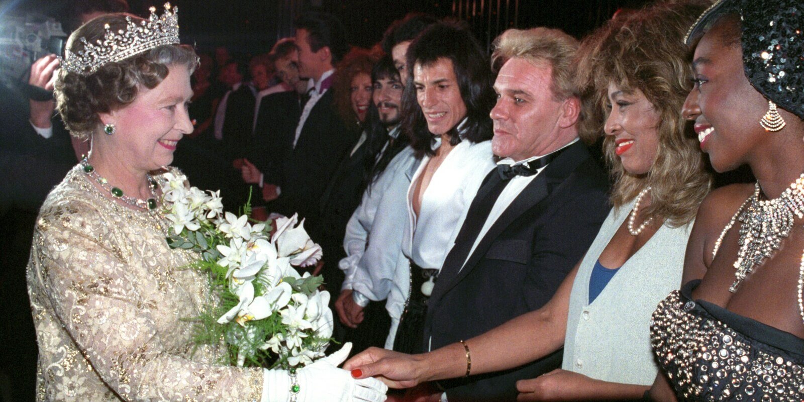 Queen Elizabeth and Tina Turner at the 1989 Royal Variety Performance.