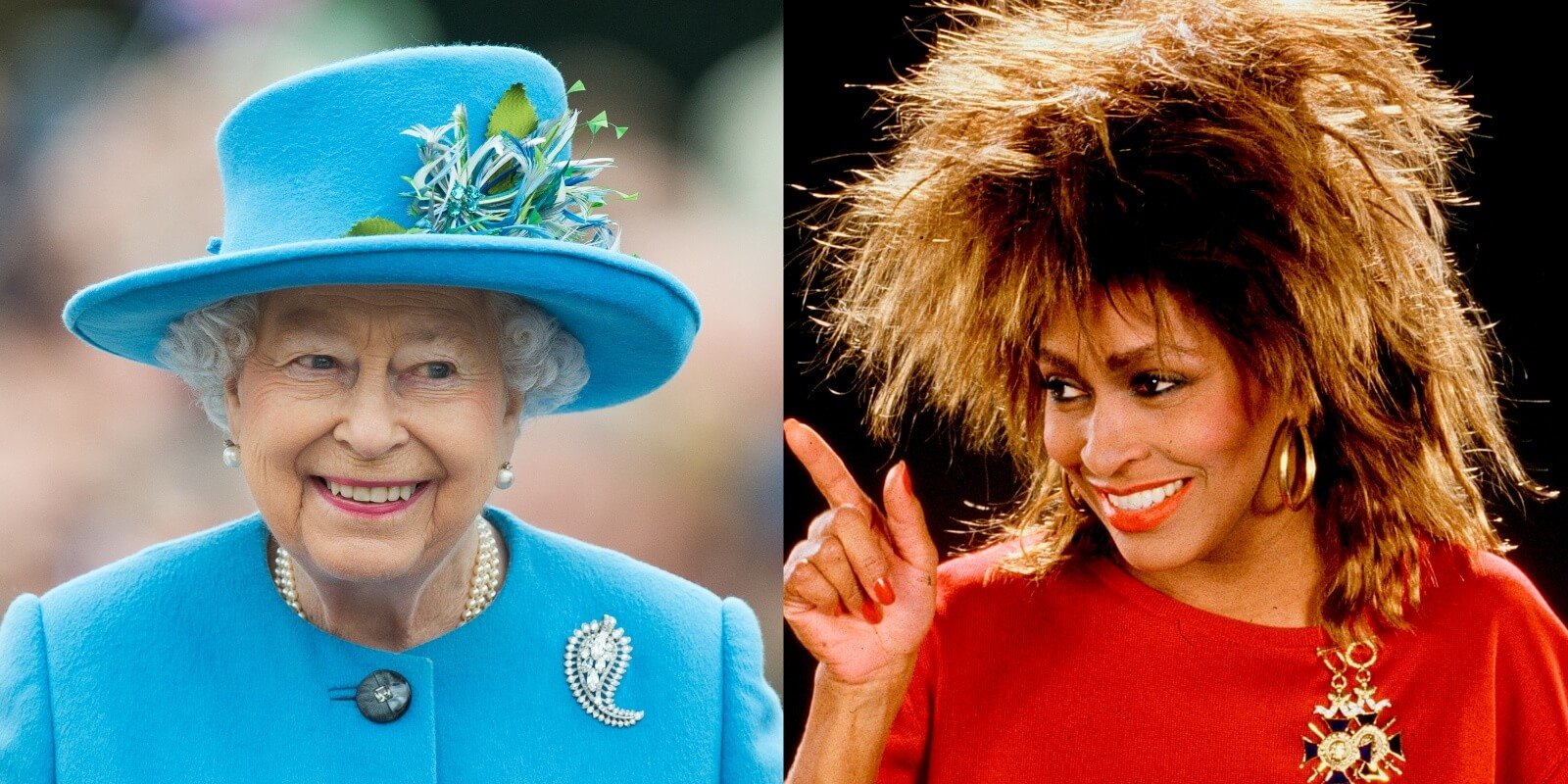Queen Elizabeth and Tina Turner in side-by-side photographs.