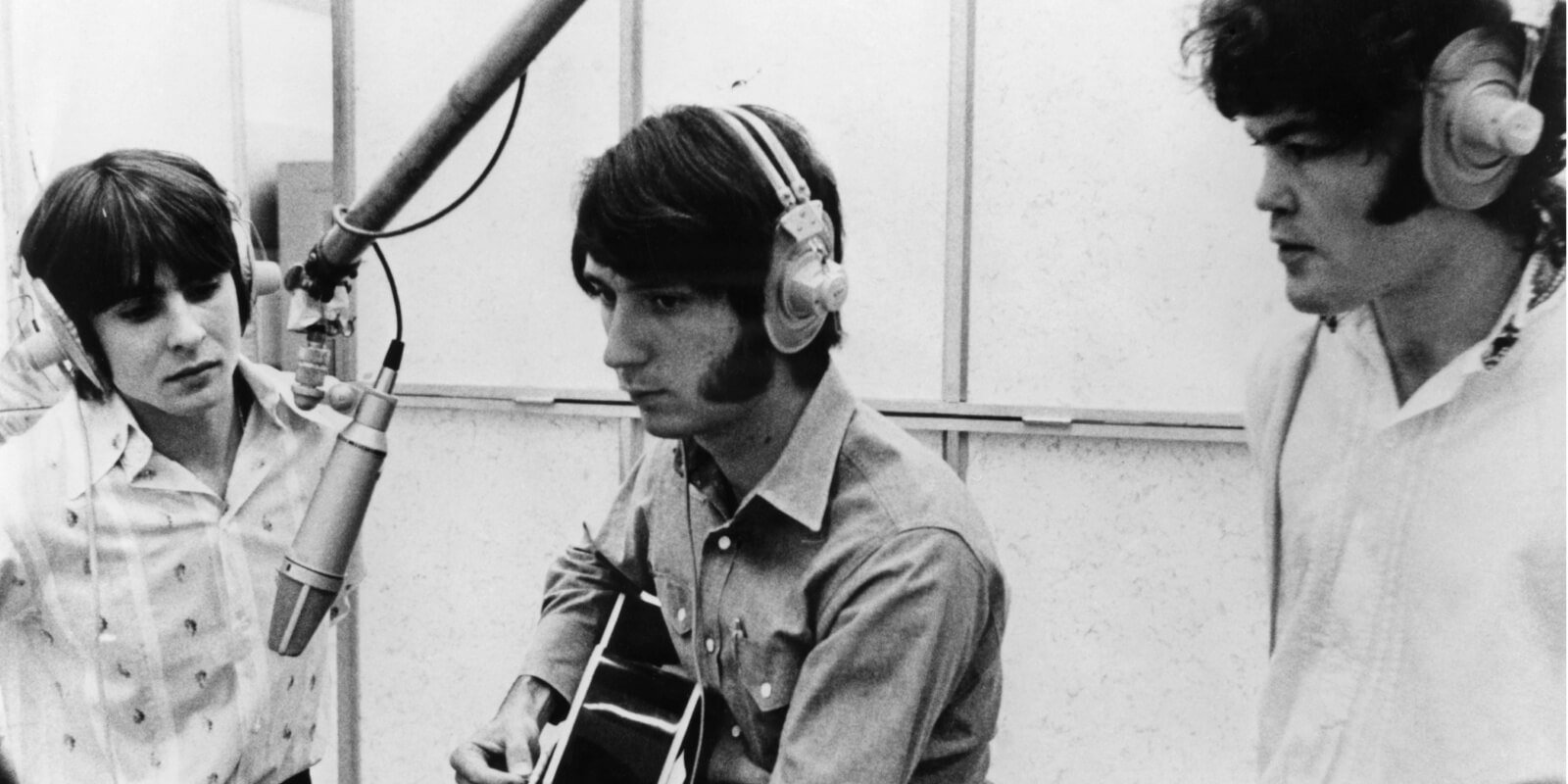 The Monkees' Davy Jones, Mike Nesmith, and Micky Dolenz in the recording studio.