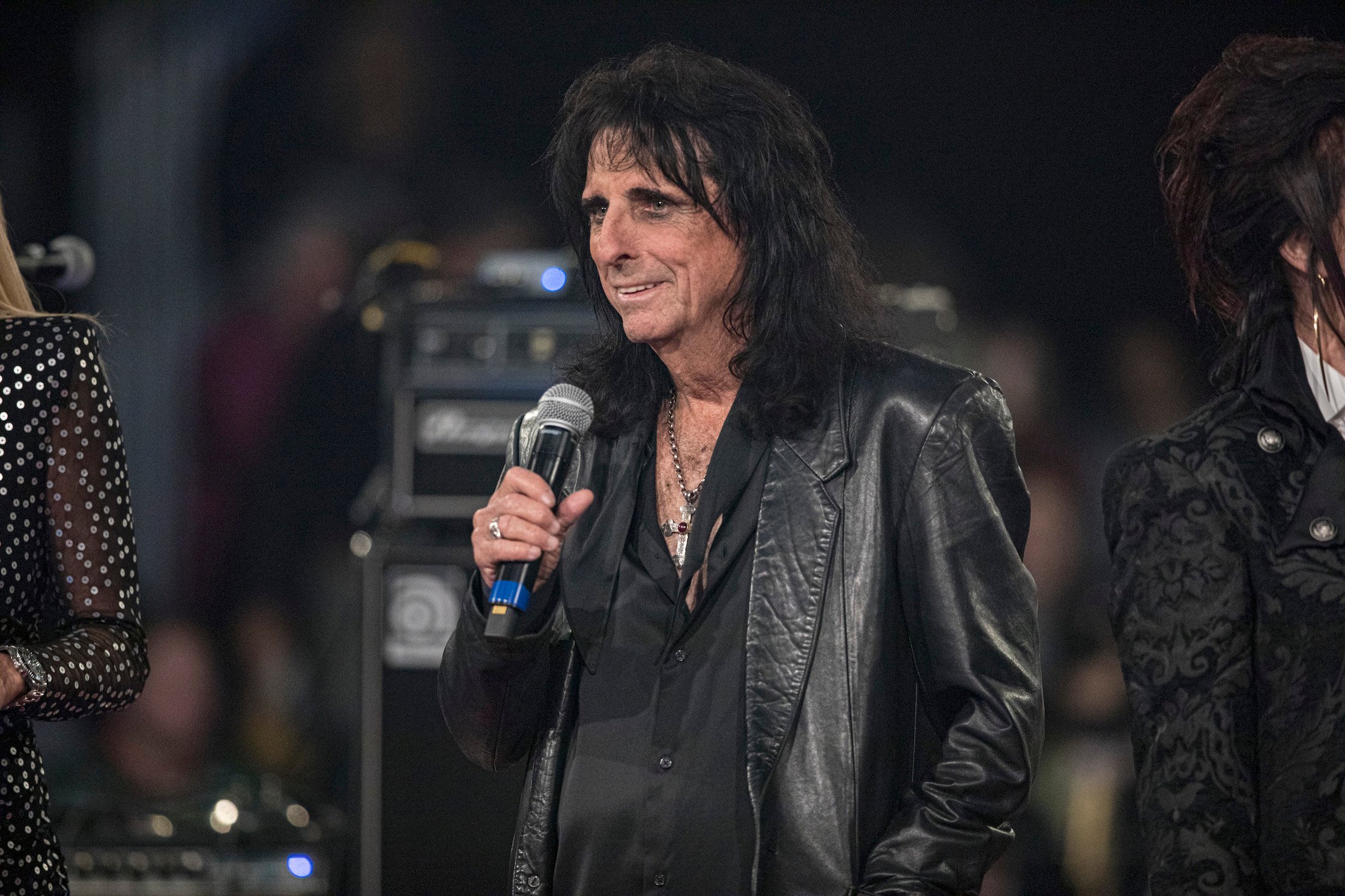 Alice Cooper speaks on stage at his 20th Annual Christmas Pudding at Celebrity Theater in Phoenix, Arizona, in 2022