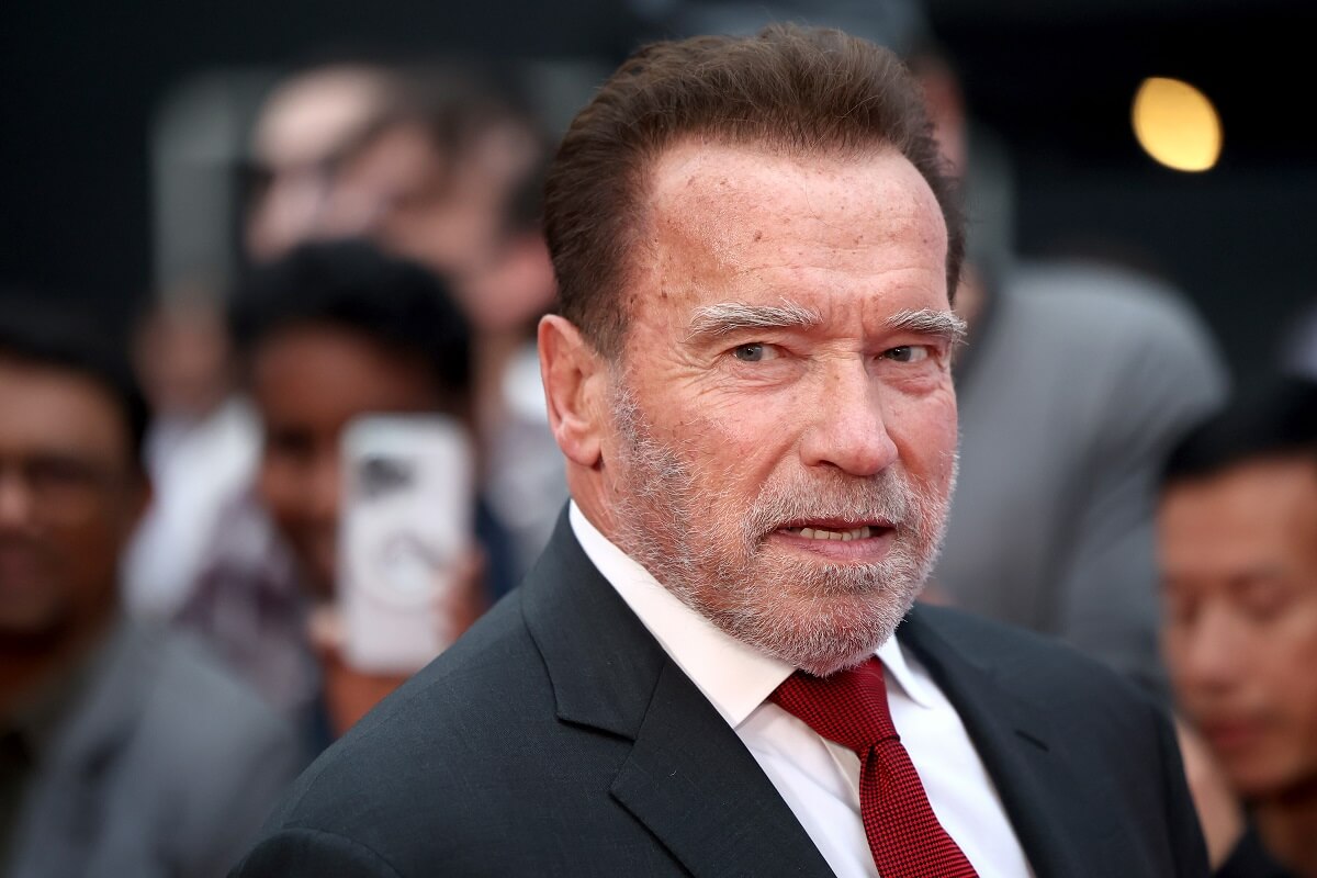 Arnold Schwarzenegger posing at the Los Angeles Premiere of Netflix's "FUBAR".