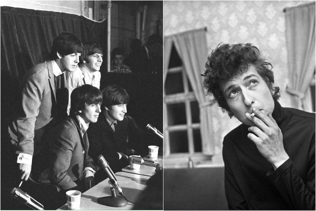 Beatles members (from left) Paul McCartney, George Harrison, Ringo Starr, and John Lennon during a 1964 press conference; Bob Dylan smoking a cigarette before a 1965 concert in England.