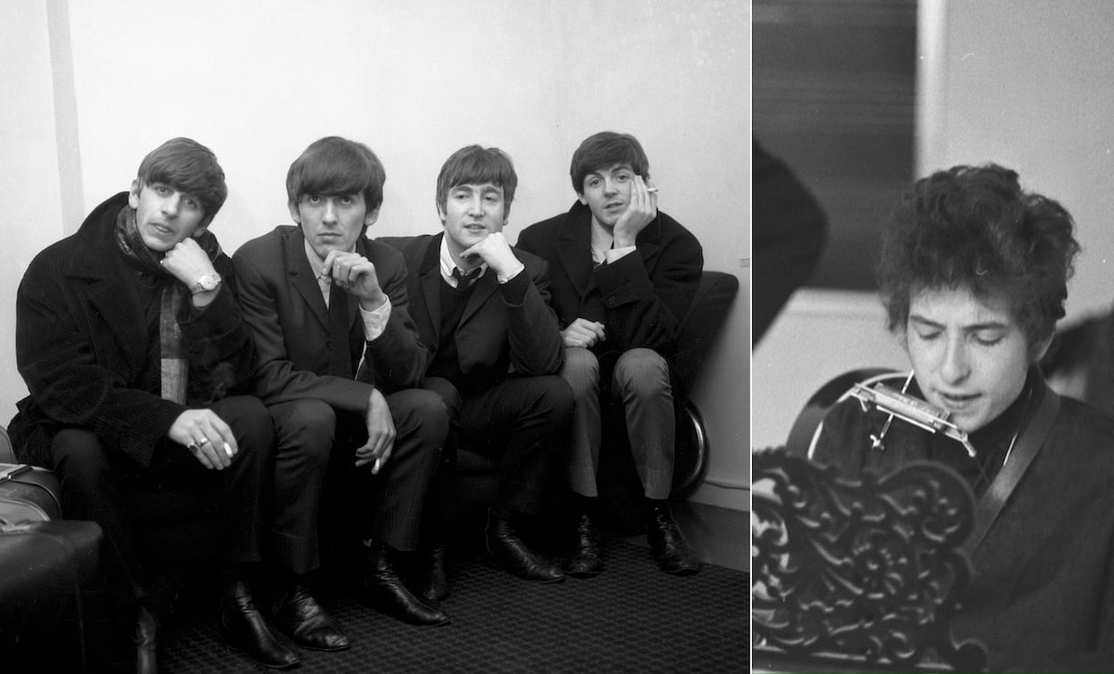 Beatles members (from left) Ringo Starr, George Harrison, John Lennon, and Paul McCartney sitting closely backstage in 1963; Bob Dylan at a piano before a concert in 1964.