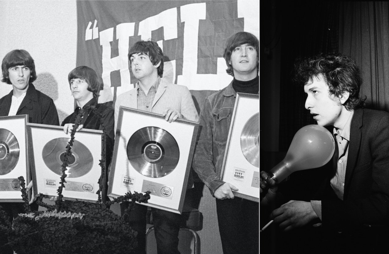 Beatles members George Harrison, Ringo Starr, Paul McCartney, and John Lennon hold gold records while promoting their 'Help!' movie in 1965; Bob Dylan at a 1965 press conference.