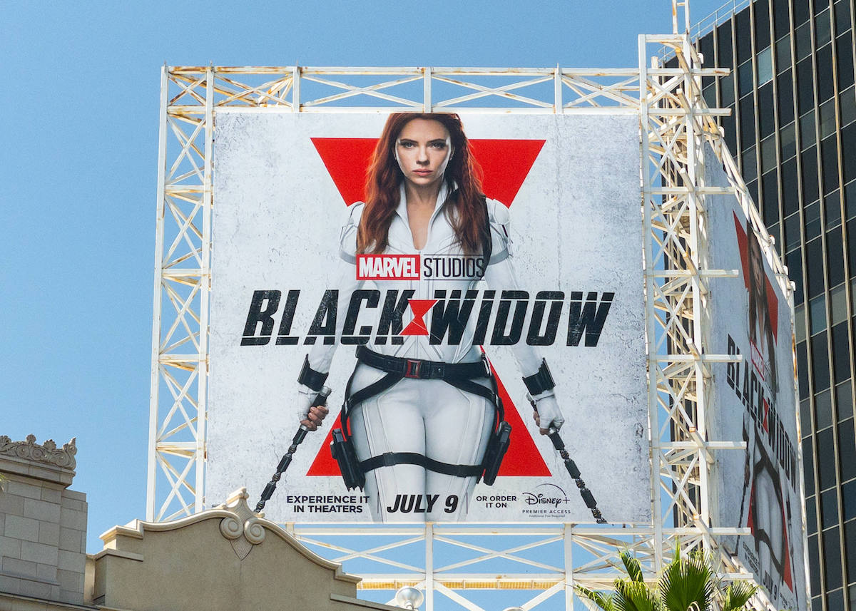 A large poster adversing the 2021 movie 'Black Widow' with Scarlett Johansson