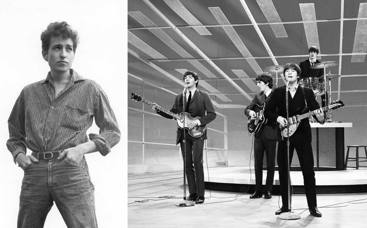 Bob Dylan stands with his hands in the pockets of his jeans; The Beatles rehearsing for their performance on 'The Ed Sullivan Show' in 1964.