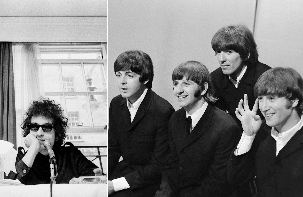 Bob Dylan wearing sunglasses during a 1966 press conference; Beatles members Paul McCartney, Ringo Starr, George Harrison and John Lennon wearing suits during a 1966 TV appearance.