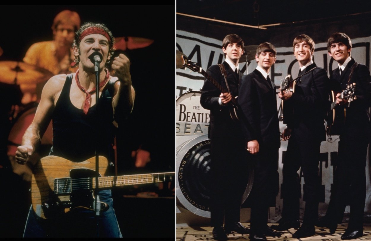 Bruce Springsteen stretches his left fist out in front of him during a concert; Beatles members Paul McCartney, Ringo Starr, John Lennon, and George Harrison during a 1963 TV performance in England.