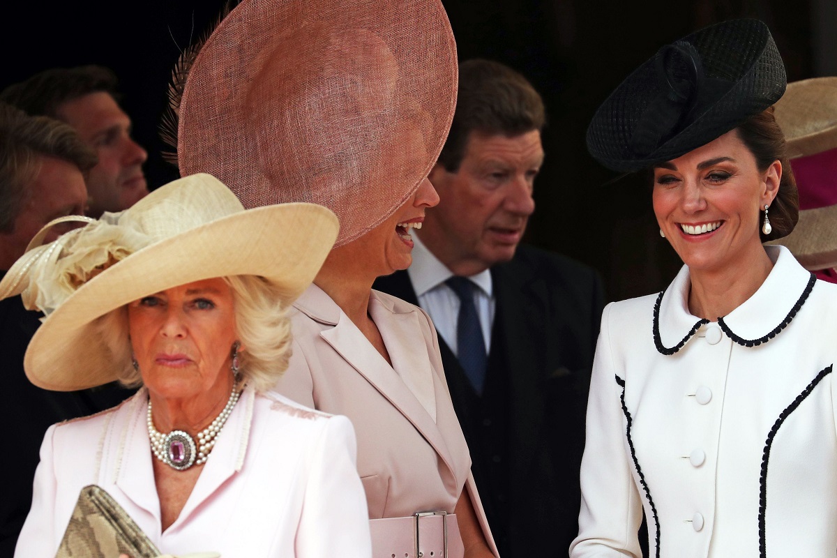 Camilla Parker Bowles (Queen Camilla), Queen Maxima, and Kate Middleton the Order of the Garter process to the ceremony at St George's Chapel at Windsor Castle