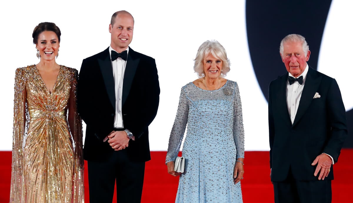Kate Middleton, Prince William, Camilla Parker Bowles and King Charles attend the "No Time To Die" World Premiere at the Royal Albert Hall on September 28, 2021 in London, England