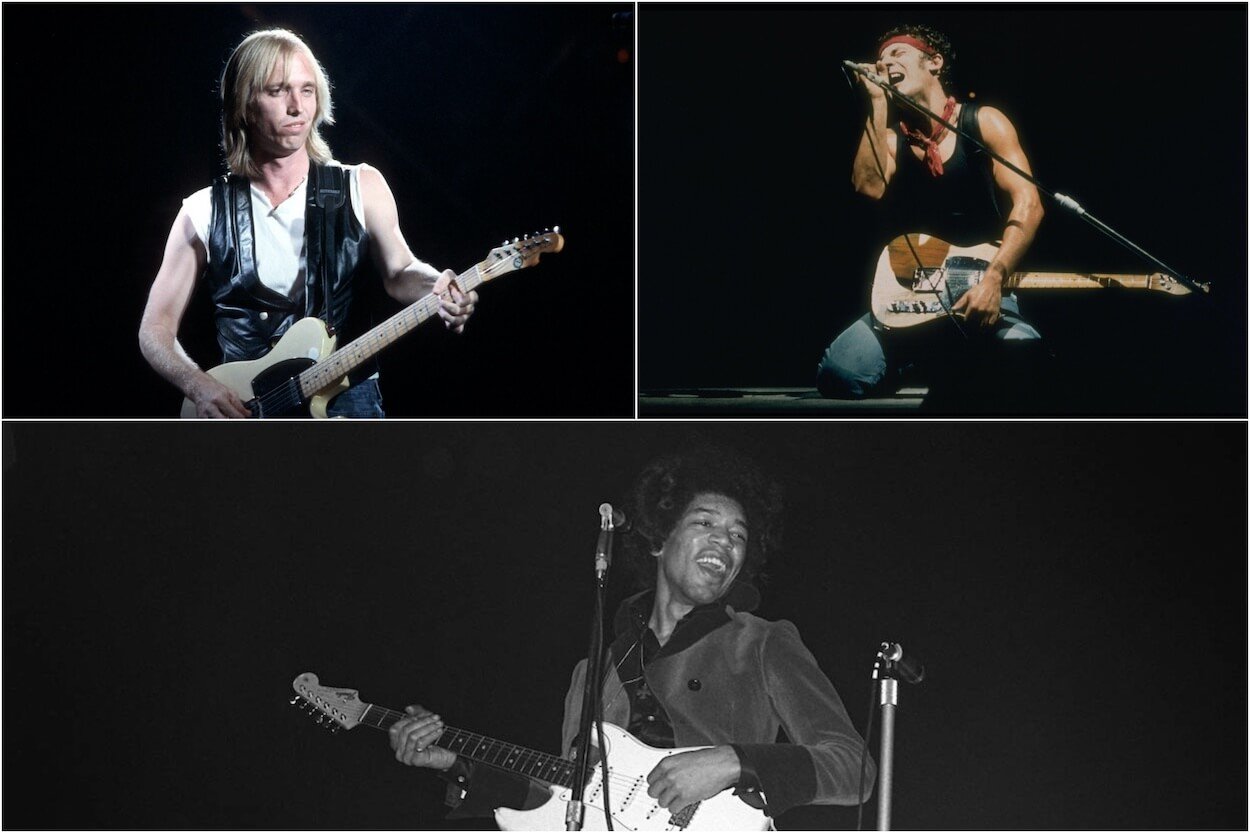 Tom Petty (top left) sneering while playing guitar; Bruce Springsteen (top right) kneeling while singing into a microphone; Jimi Hendrix (bottom) smiling as he plays guitar.