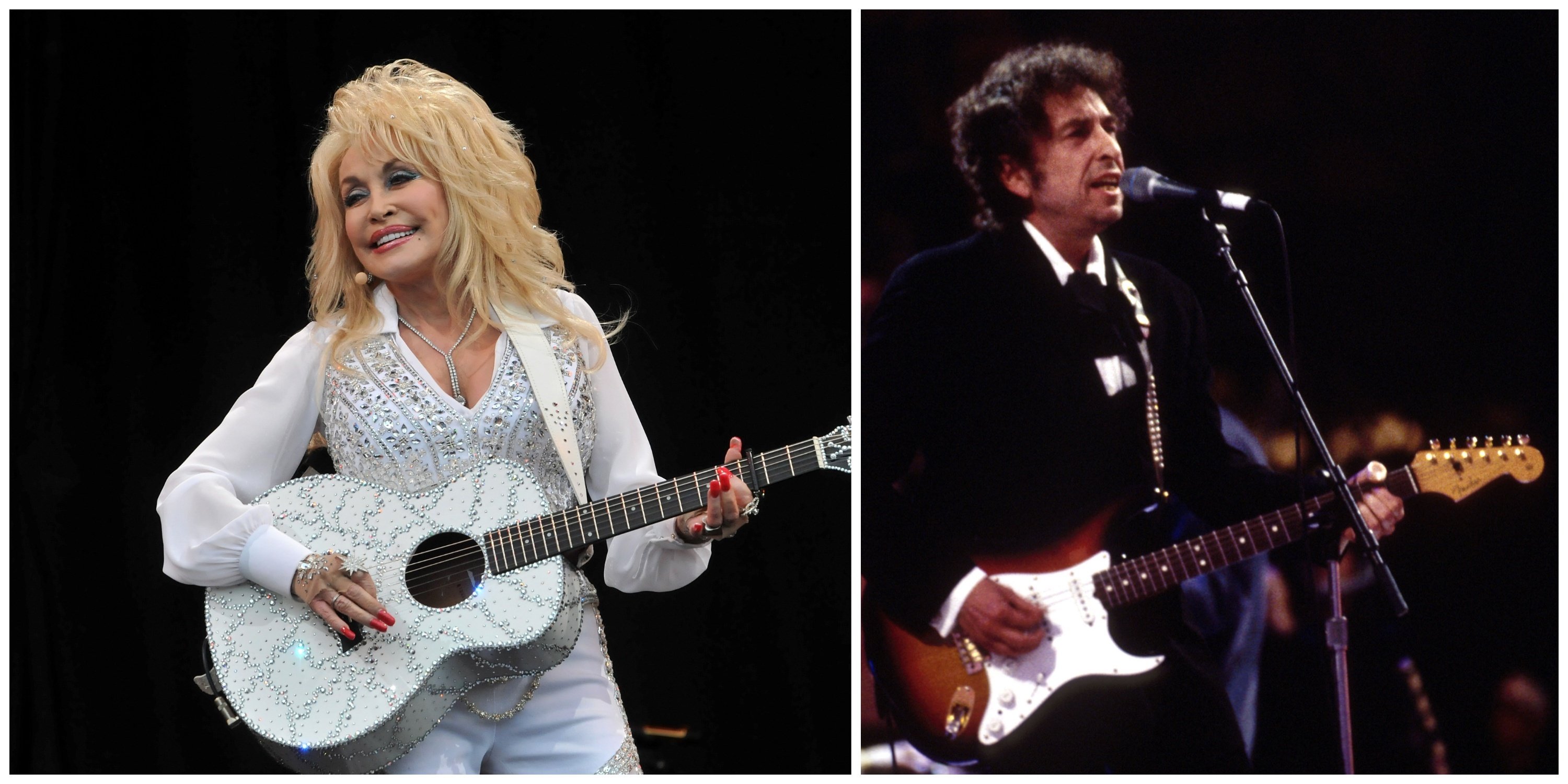 Dolly Parton and Bob Dylan performing at different concerts