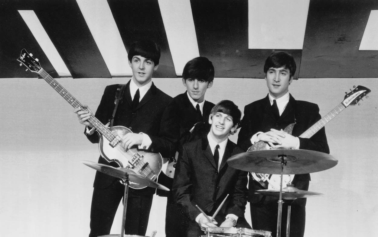 Paul McCartney (from left), George Harrison, Ringo Starr, and John Lennon with their instruments during a 1963 TV appearance on 'Thank Your Lucky Stars.'