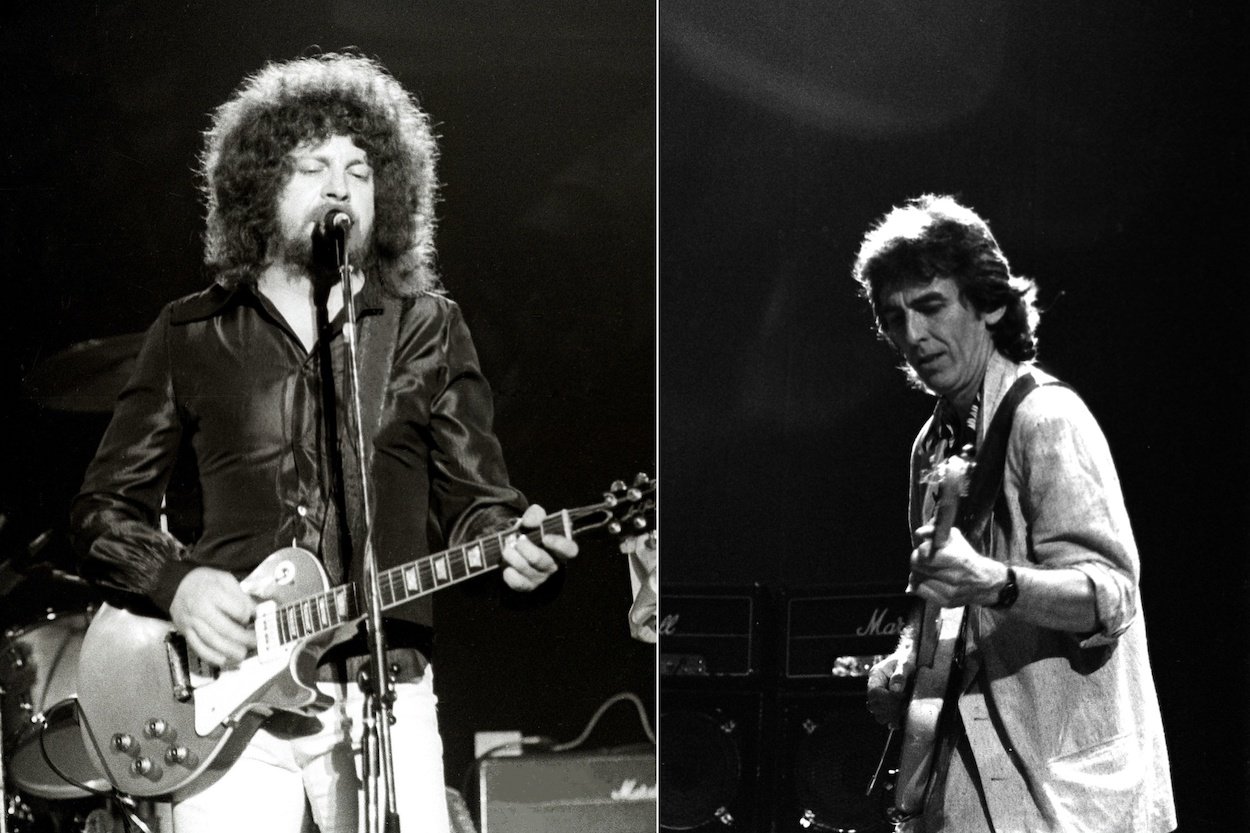 Jeff Lynne playing guitar with Electric Light Orchestra in 1974; George Harrison playing guitar with Deep Purple in 1984.