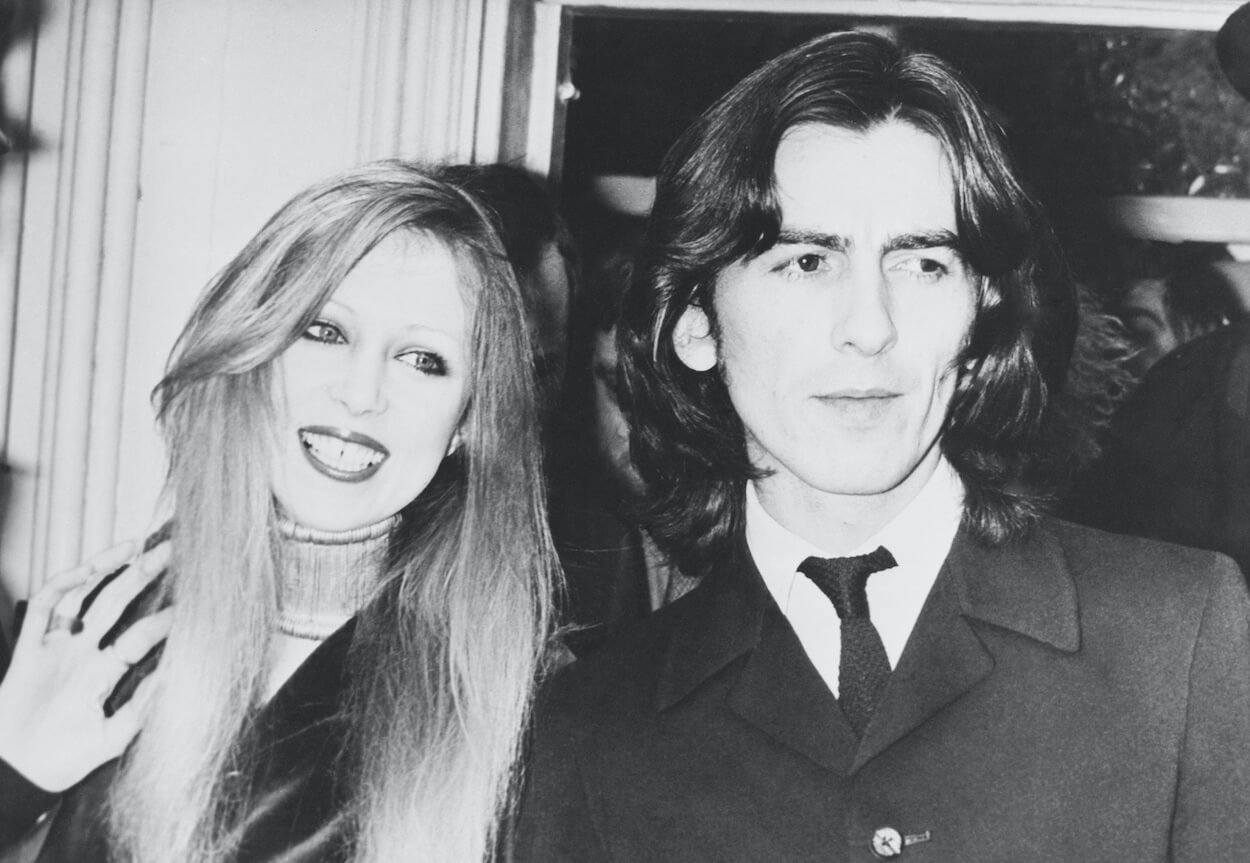 George Harrison (right) and his wife Pattie Boyd leave court in March 1969 after pleading guilty to a drug offense.
