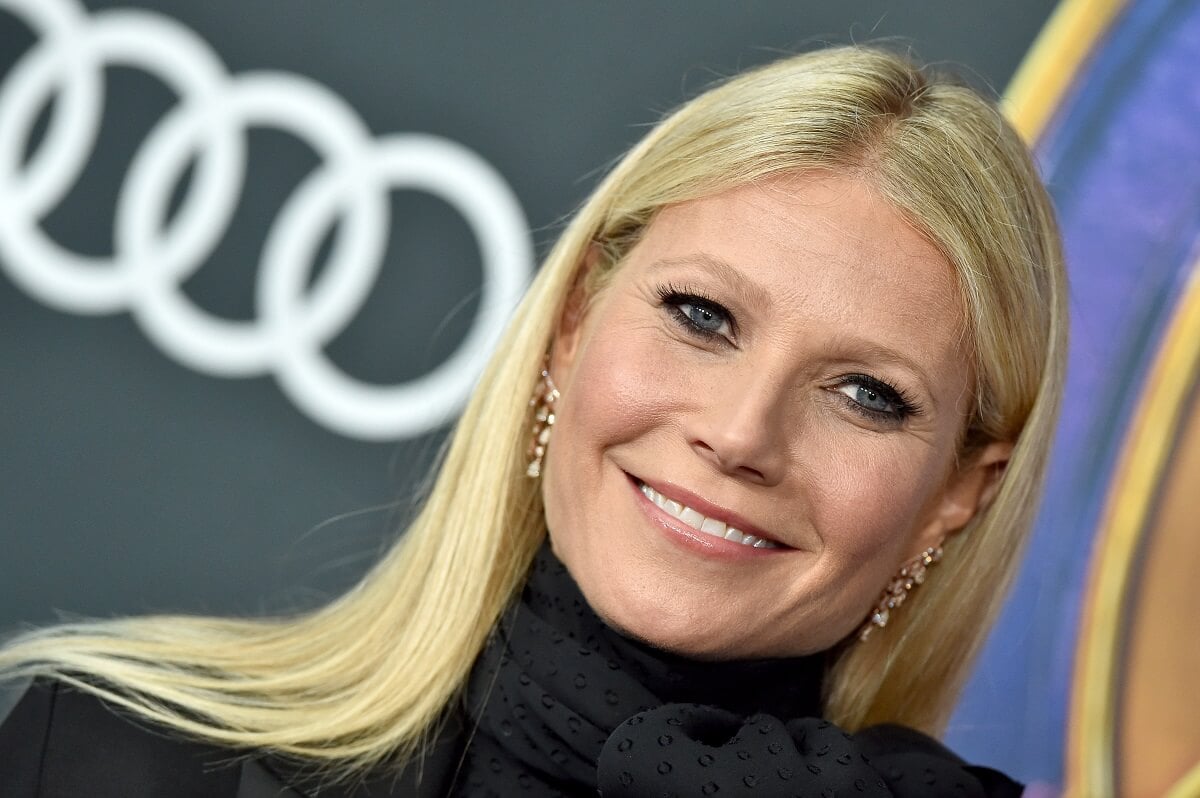 Gwyneth Paltrow smiling at the 'Avengers Endgame' premiere in an all-black wardrobe.
