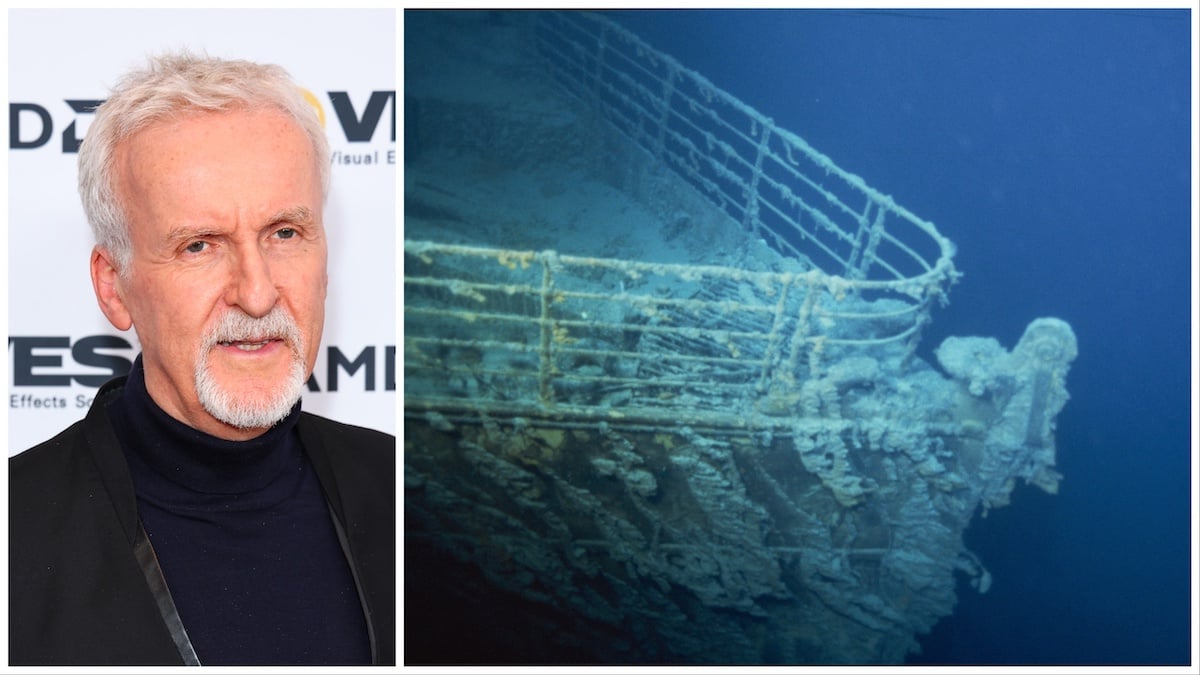 side-by-side photos of director James Cameron, dressed in black, and the bow of the wrecked Titanic