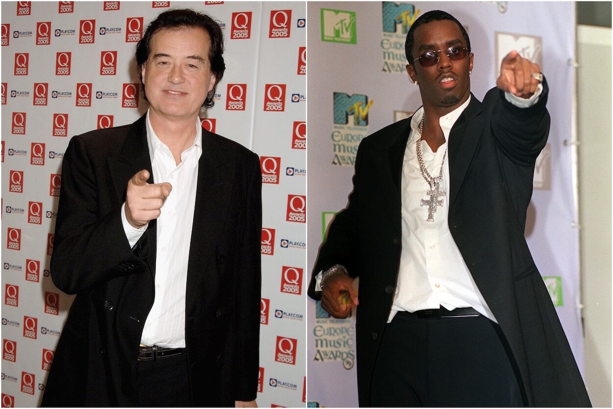Jimmy Page (left) wearing a black suit as he arrives at an award show in 2005; Diddy wearing a black suit and chains at a 1999 event.