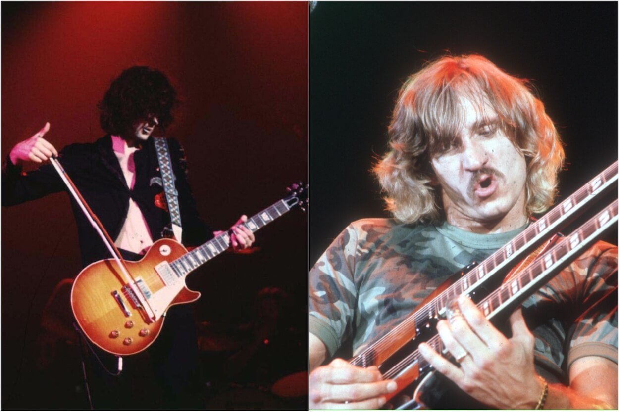 Led Zeppelin's Jimmy Page bows his Gibson Les Paul guitar during a 1972 concert; Joe Walsh playing slide guitar circa 1970.