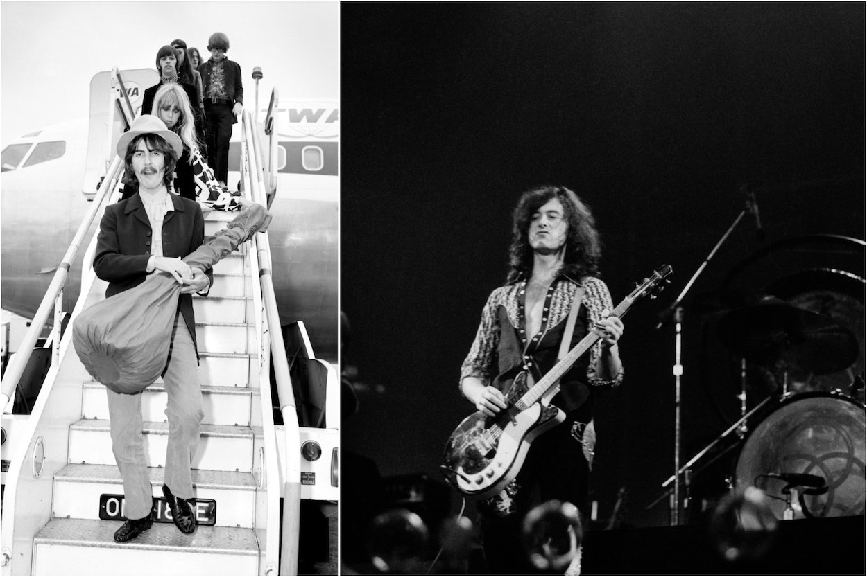 Beatles guitarist George Harrison carries his sitar off a plane in 1968; Jimmy Page playing guitar with Led Zeppelin at a 1972 concert.