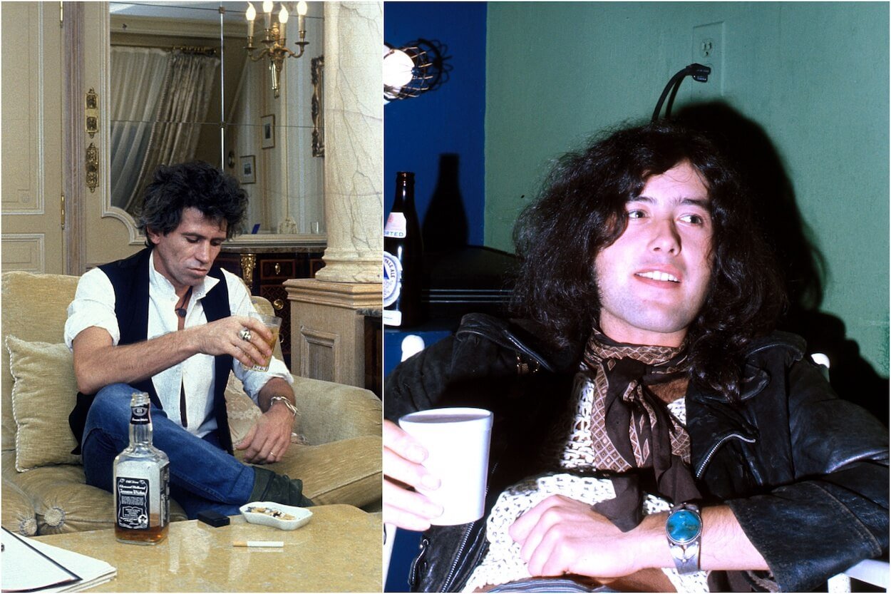 Keith Richards holding a drink while sitting on a couch circa 1984; Jimmy Page sitting backstage at a New York City concert circa 1969.
