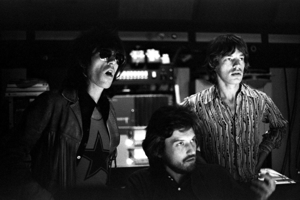 Keith Richards (from left), producer Jimmy Miller, and Mick Jagger mix The Rolling Stones' album 'Let It Bleed' in Los Angeles in 1969.