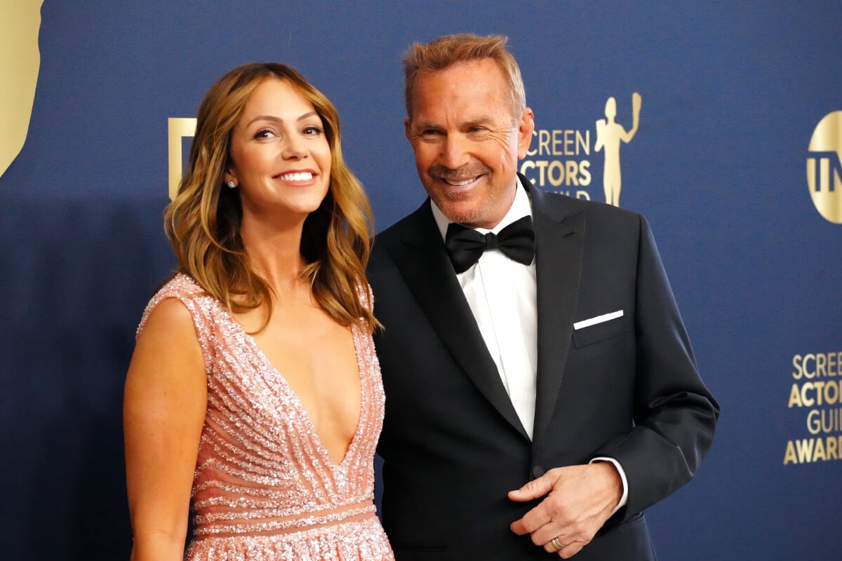Kevin Costner and his wife Christine Baumgartner attend the 28th Annual Screen Actors Guild Awards at Barker Hangar on February 27, 2022 in Santa Monica