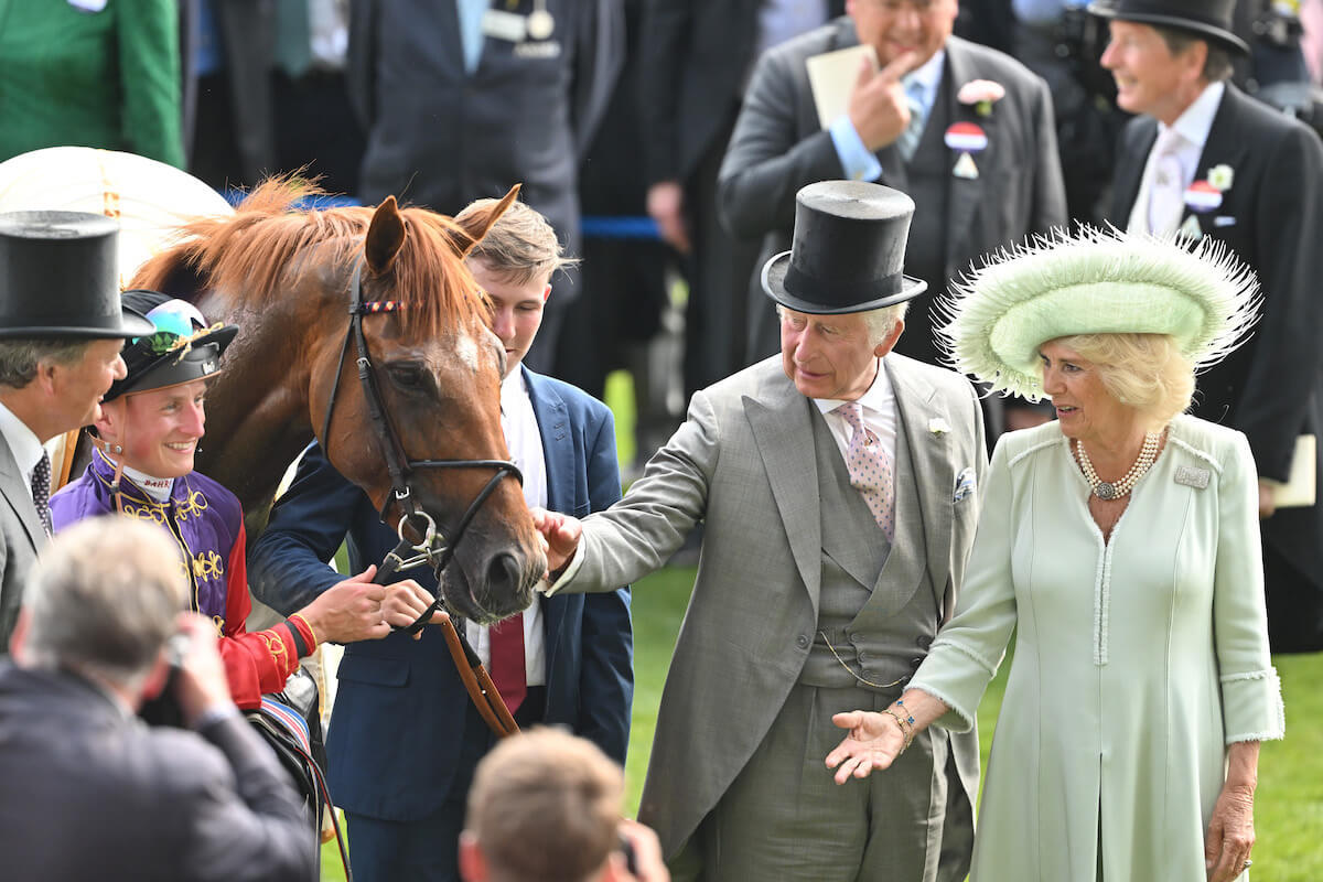 King Charles III, following his 2023 Royal Ascot win, greets horse Desert Hero, alongside Queen Camilla