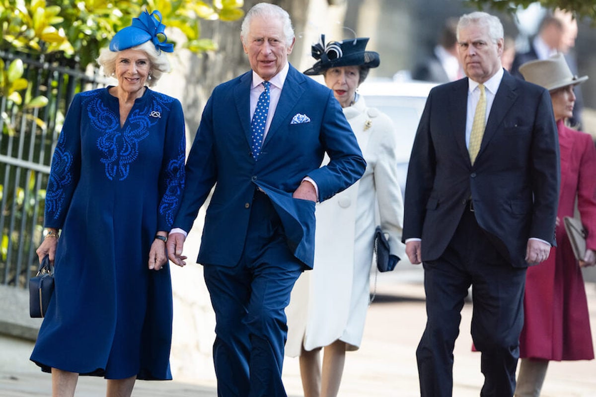 King Charles III, who can't do much to get Prince Andrew to move out of the Royal Lodge, walks with Queen Camilla, Princess Anne, and Prince Andrew