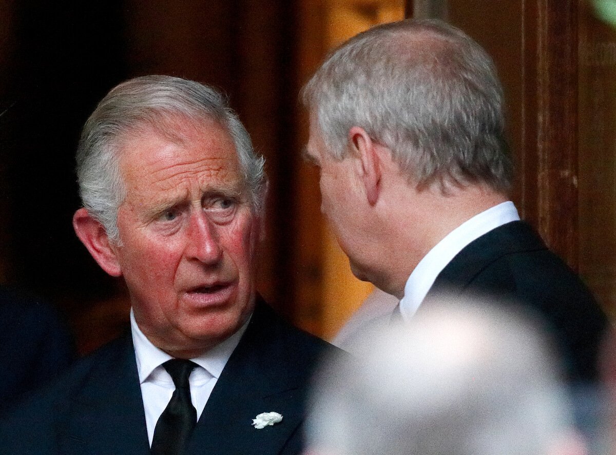 King Charles, then Prince of Wales and Prince Andrew, Duke of York attend the funeral of Patricia Knatchbull, Countess Mountbatten of Burma at St Paul's Church, Knightsbridge on June 27, 2017 in London, England