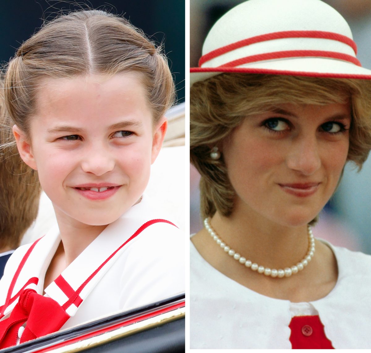 (L): Princess Charlotte, who has a walking habit 'idential to Princess Diana,' during 2023 Trooping the Colour, (R) Princess Diana smiling slightly during royal visit to Canada