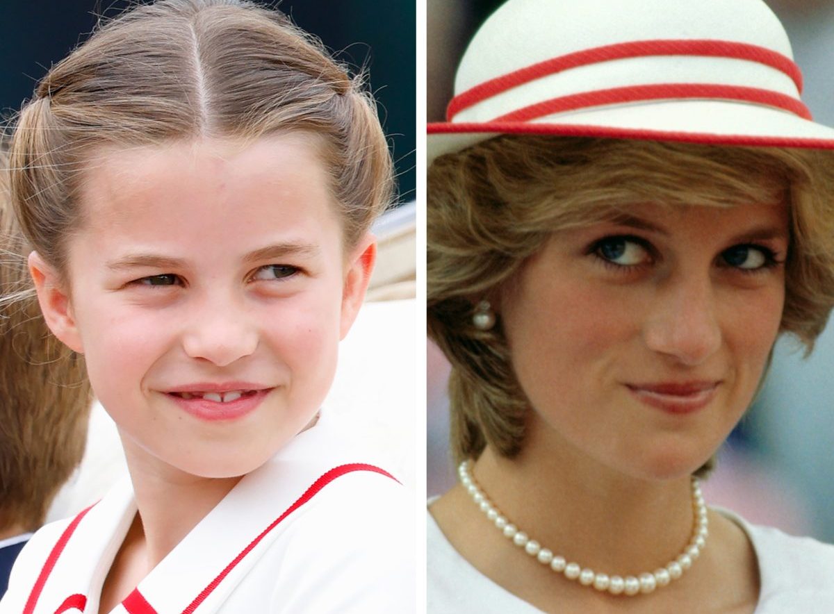 (L): Princess Charlotte, who has a walking habit 'idential to Princess Diana,' during 2023 Trooping the Colour, (R) Princess Diana smiling slightly during royal visit to Canada