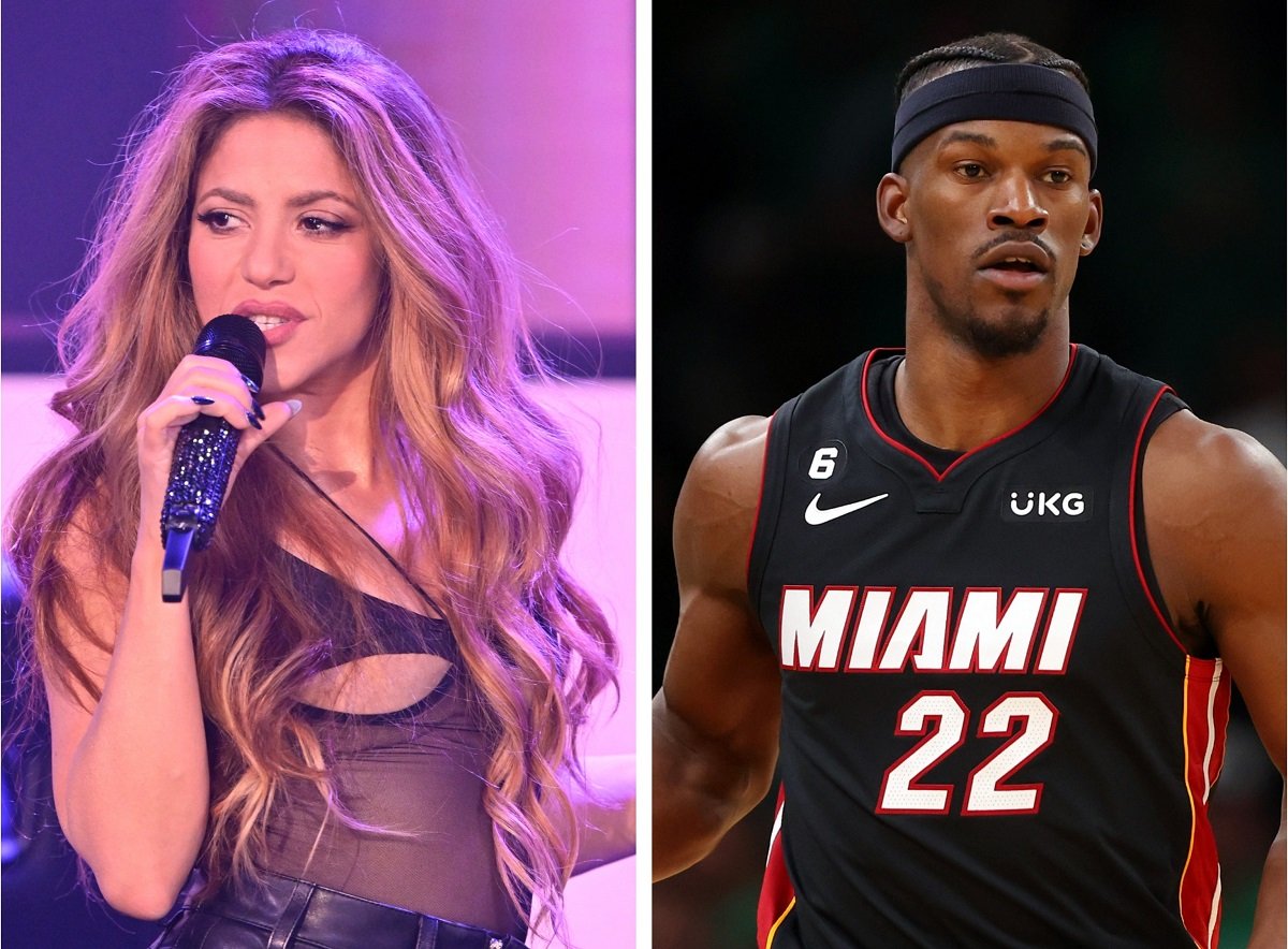 (L) Shakira, who has sparked dating rumors with Jimmy Butler, performing onstage, (R) Jimmy Butler dribbles during the third quarter against the Boston Celtics