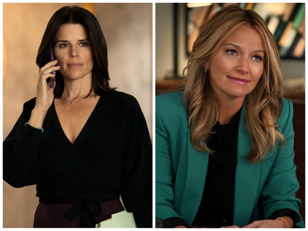 Side by side photos of Neve Campbell, talking on the phone, and Becki Newton in 'The Lincoln Lawyer' Season 2 