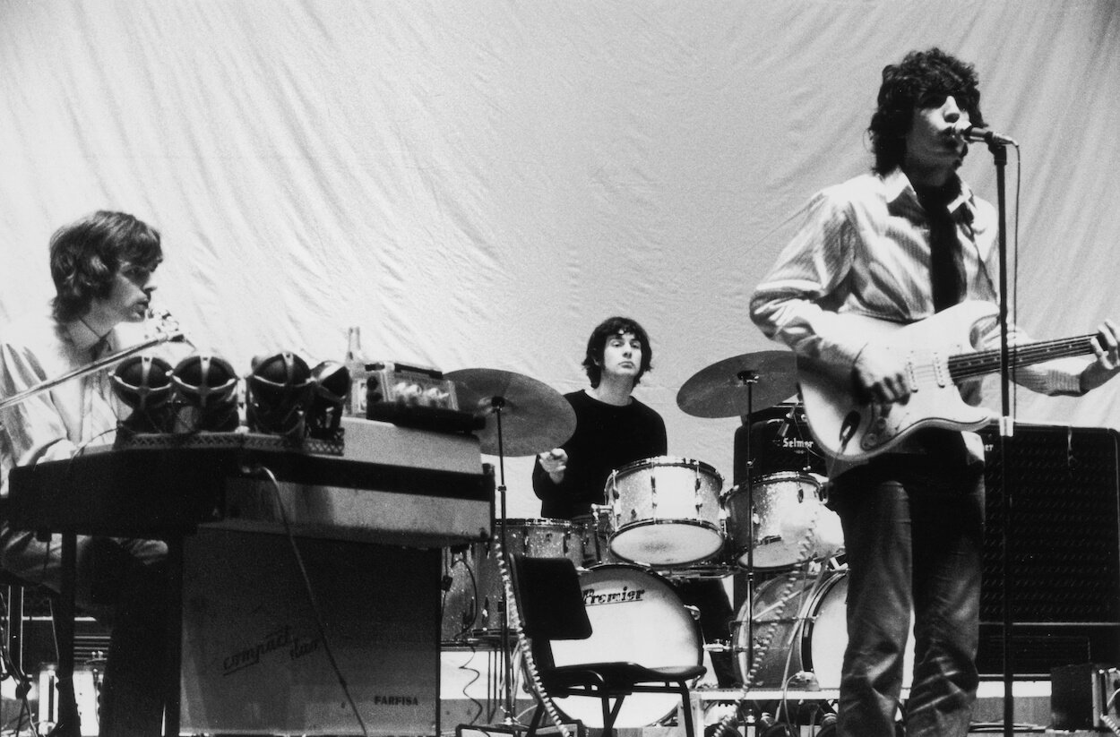 Pink Floyd members Richard Wright (from left), Nick Mason, and Syd Barrett performing in May 1967.