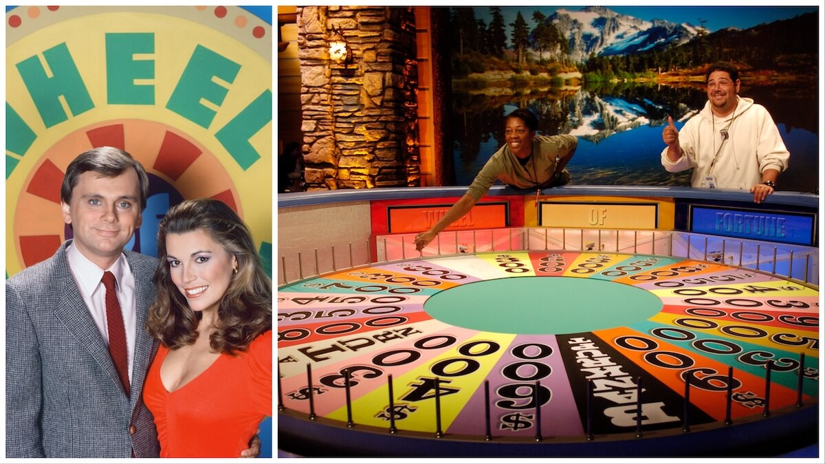 Side by side photo of 'Wheel of Fortune' stars Pat Sajak and Vanna White during early years of the show next to an image of contestants spinning the wheel