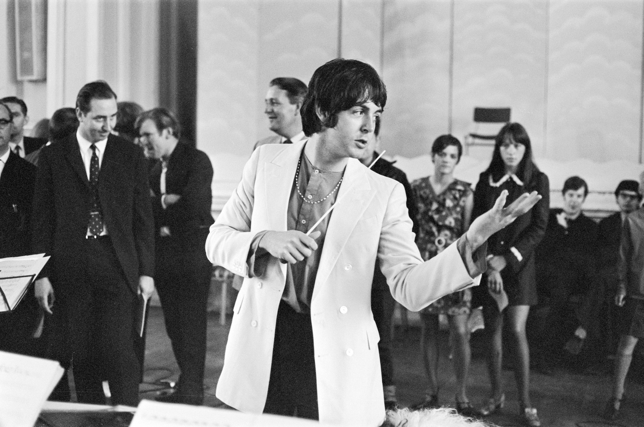 Paul McCartney of The Beatles conducts the Black Dyke Mills Band in Yorkshire, England, in 1968