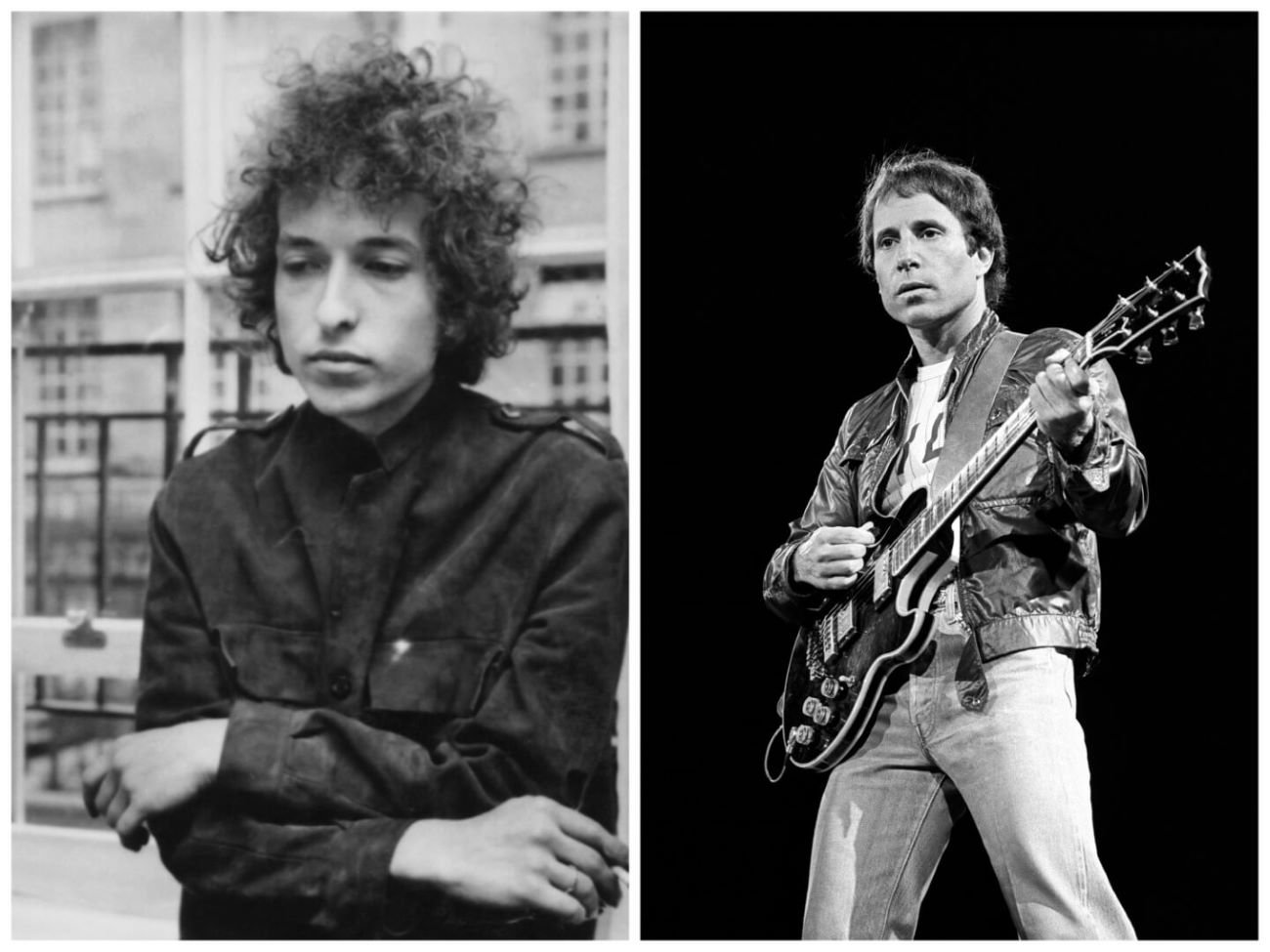 A black and white picture of Bob Dylan with his arms crossed in front of a window. A black and white picture of Paul Simon holding a guitar.