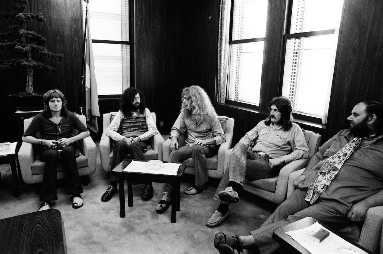 Led Zeppelin manager Peter Grant (far right) along with band members (from left) John Paul Jones, Jimmy Page, Robert Plant, and John Bonham.